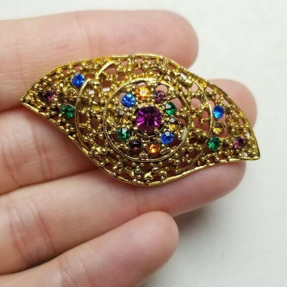 Vintage Jewel Tone Rhinestone Eye Shape Brooch, Gold Tone Setting, Estate - Picture 5 of 6